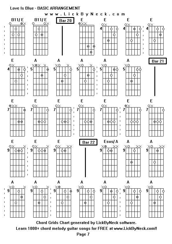 Chord Grids Chart of chord melody fingerstyle guitar song-Love Is Blue - BASIC ARRANGEMENT,generated by LickByNeck software.